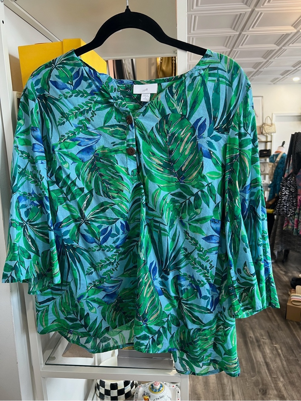 J. Jill Blue and Green Tropical Print Button-Front Blouse